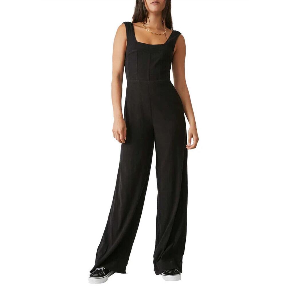 Free People NWT Sleeveless Iris Wide Leg Jumpsuit Black Size L